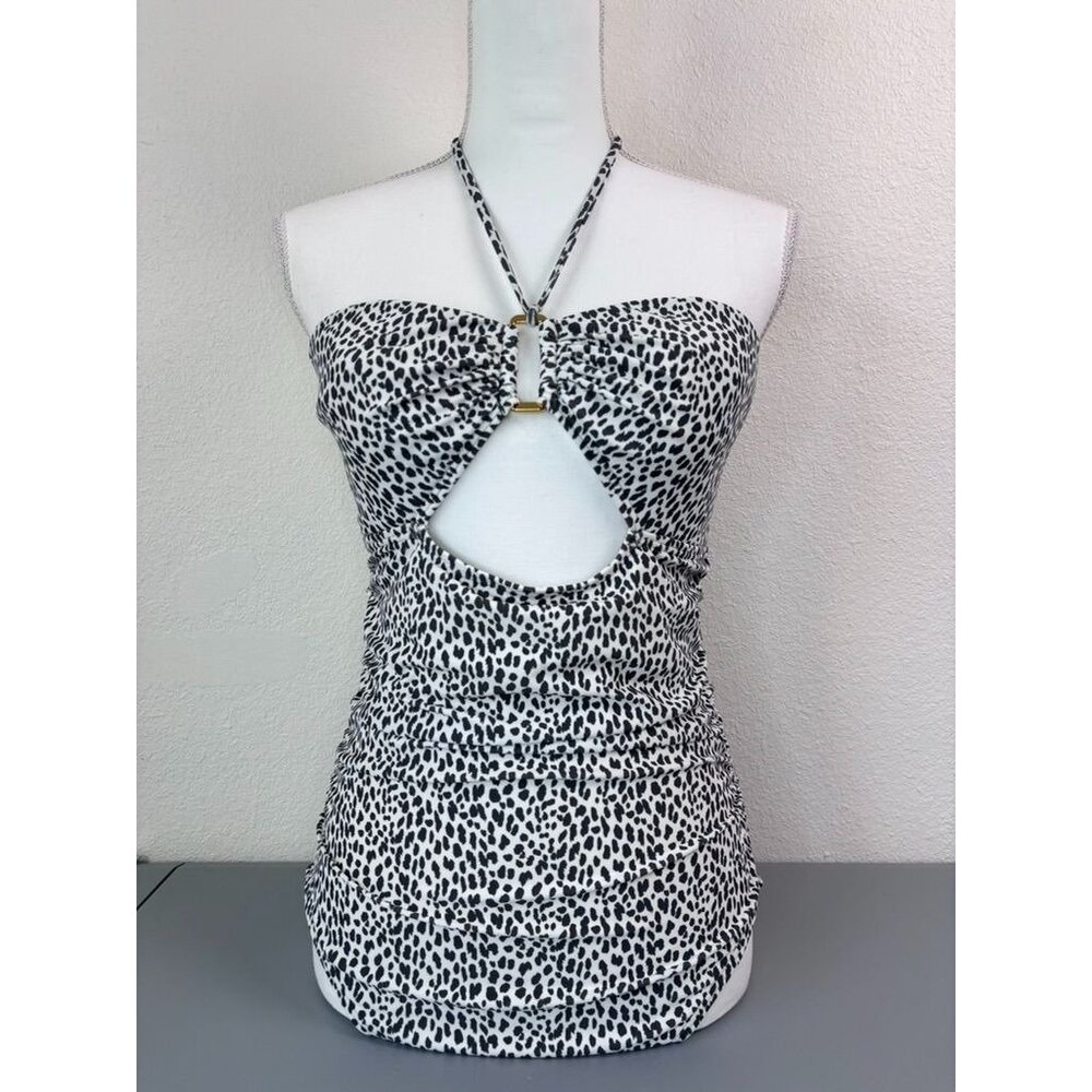 Loft Beach women's 8 ivory grey animal printed one piece swimsuit bandeau halter